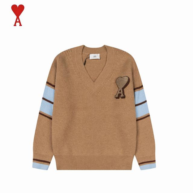 Ami Heart 2025Ss V-neck sweater with embroidered heart logo on the chest. Origin