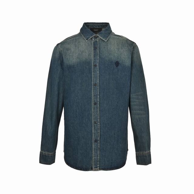 Gucci Crest Embroidered Denim Shirt ( ) Made with custom-made cotton twin denim