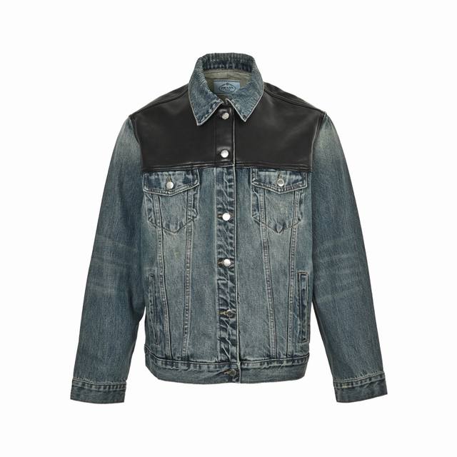 Prada 25Fw Leather-Patch Denim Jacket. Custom-made washed denim fabric paired w
