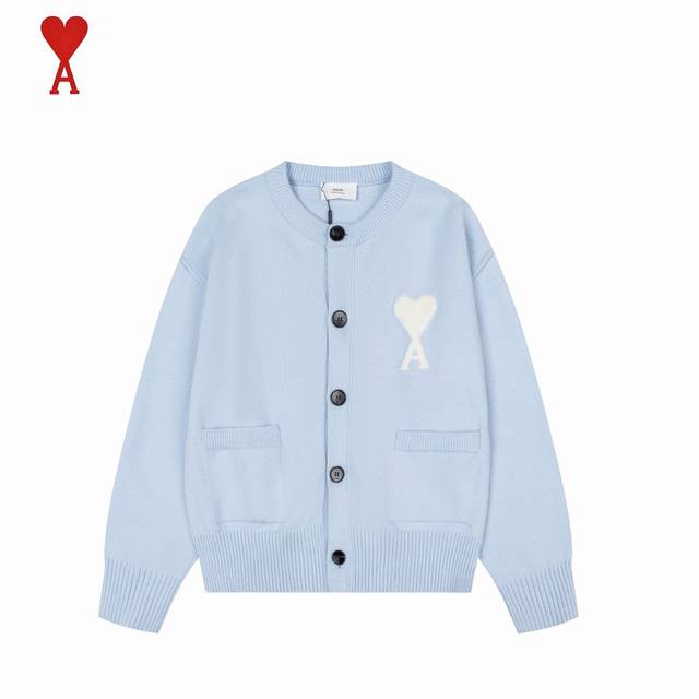 Ami Paris Heart Jacquard Knit Crew Neck Cardigan Sweater ( ) Made with a custom