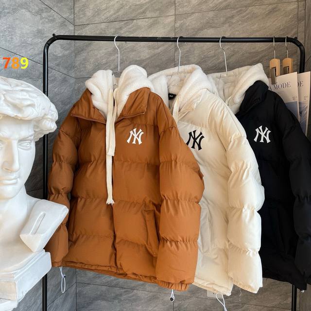 Mlb New Winter Faux Two-Piece Lambswool Patchwork Winter Couple Hooded Cotton Ja