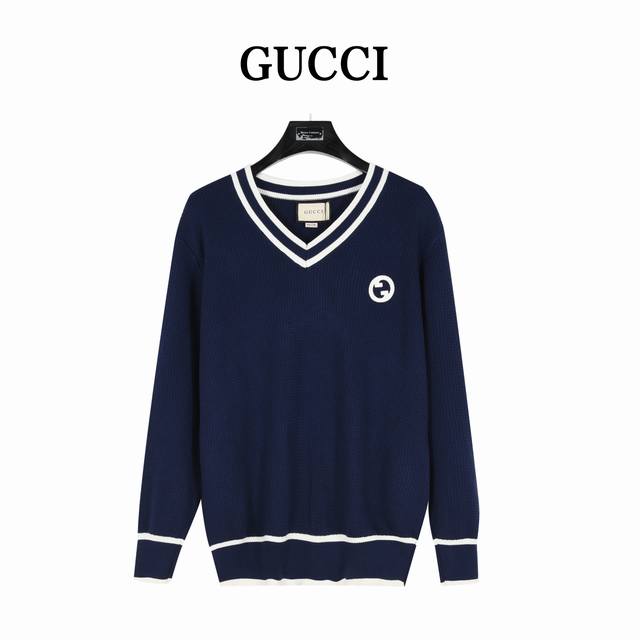 Gucci 24Fw Preppy Style Double G Embroidered Striped V-Neck Knit Sweater. Classi