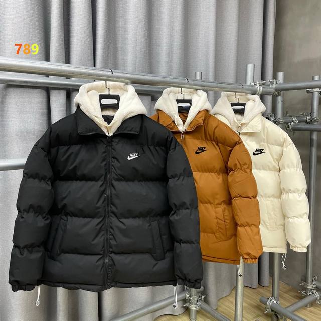 Nike Faux Two-Piece Lambswool Color Block Stand Collar Wide Woven Bag Drawstring