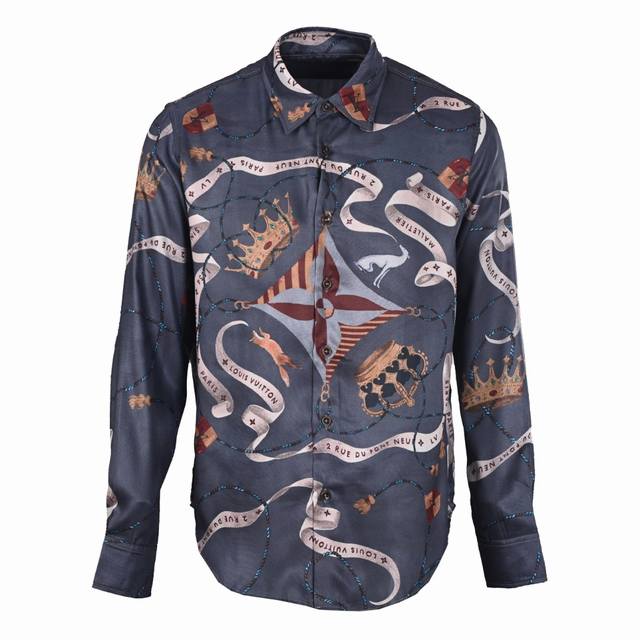 Louis Vuitton LV Crown Print Mulberry Silk Long-Sleeve Shirt ( ). Authentic prod