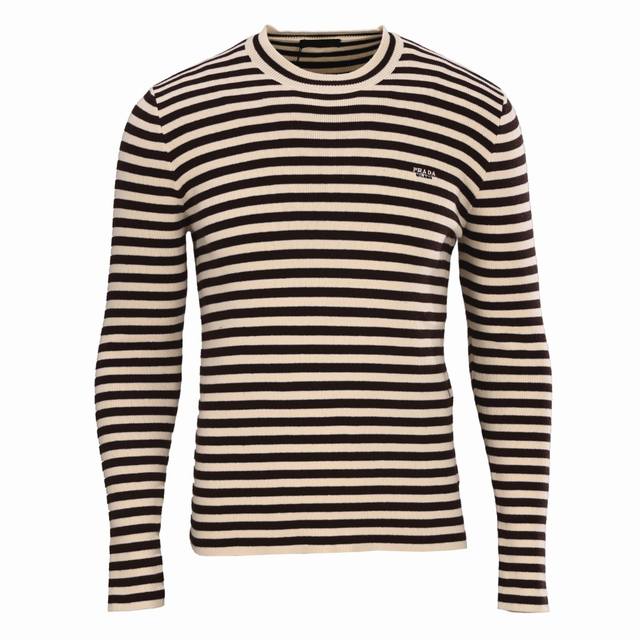 Prada striped embroidered crew neck sweater. Made of custom-woven mercerized wo