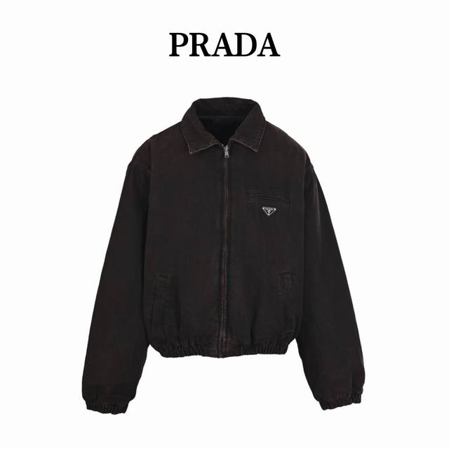 Prada PRD Distressed Denim Jacket with Triangle Label. Custom-made elegant blac