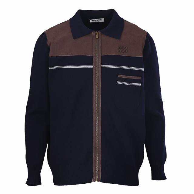 Miu Miu Mm Brown and Blue Leather Logo Zipper Cardigan. Authentic, purchased for