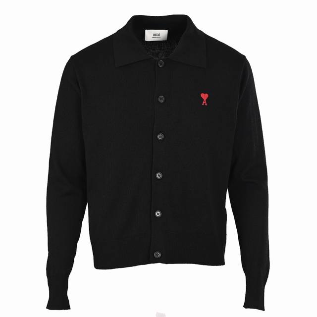 Ami Paris Small Heart Embroidered Square Neck Knit Cardigan Made of custom-woven