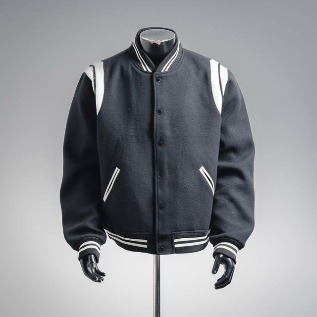 Saint Laurent Paris YSL Classic Black and White Baseball Collar Jacket. Original