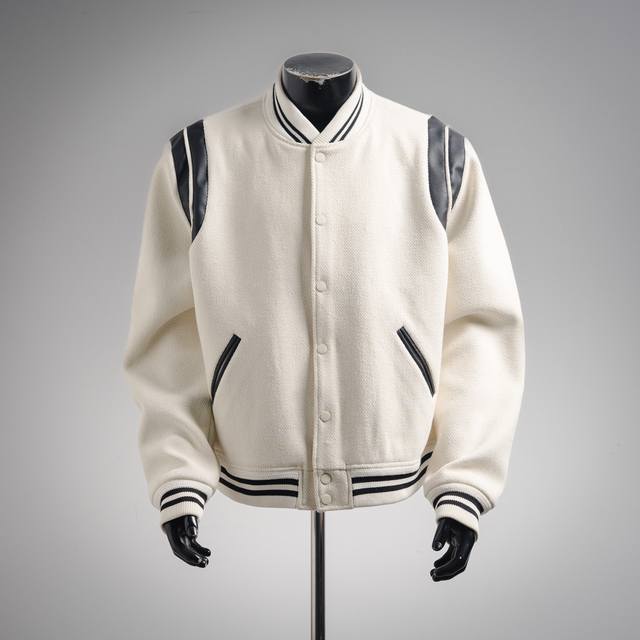 Saint Laurent Paris YSL classic black and white baseball collar jacket with patc