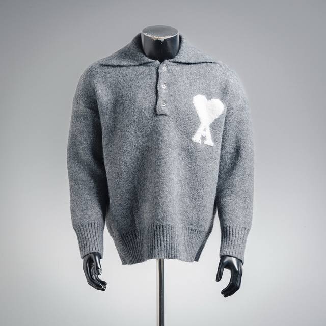 Ami 25Ss French minimalist style heart logo collared polo sweater Size: S-XL