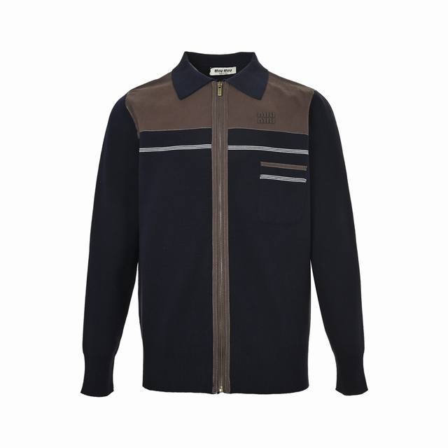 Miu Miu Brown and Blue Leather Logo Zipper Cardigan ( ). Authentic, purchased fo