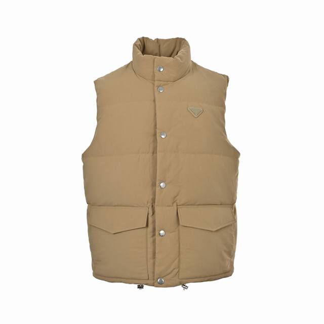 Prada Triangle Logo Double Pocket Down Vest ( ). The fabric is a blend of 55% c