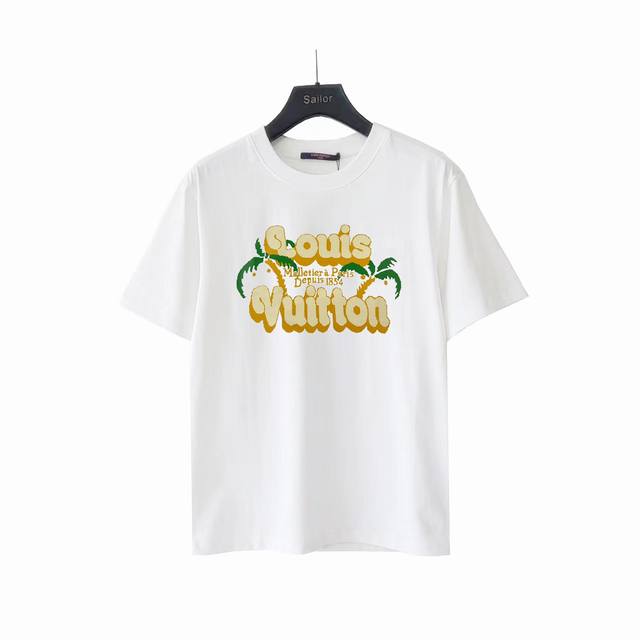 Real shot details + size chart. Louis Vuitto Coconut Palm Logo Print Short-Sleev