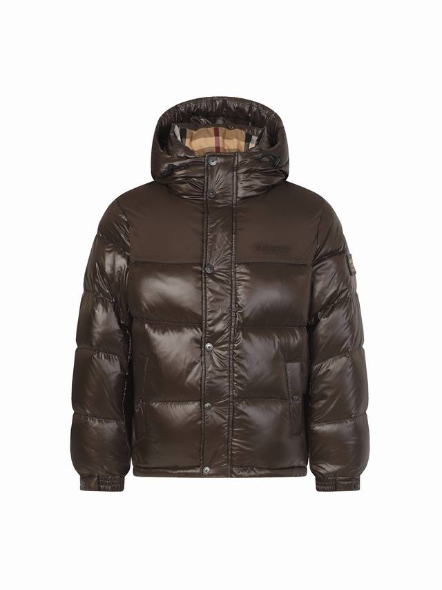 K583# Burberry 076 Color-blocked Rubber Strip Logo Hooded Down Jacket, Correct V