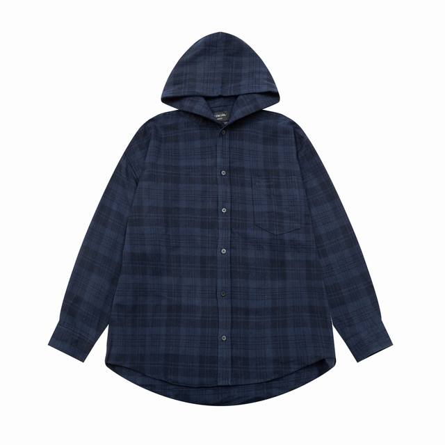 K319# Balenciaga Blcg 24Ss Navy Blue Brushed Plaid Flannel Hooded Shirt, Unisex