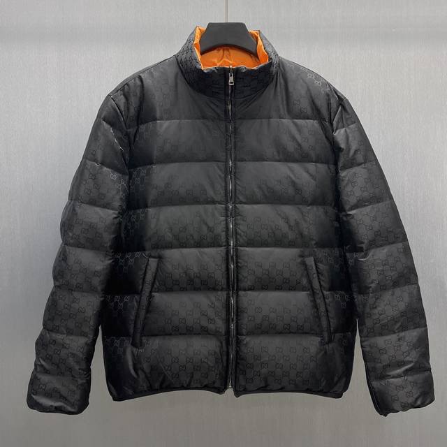 Gu Double-sided Gg Nylon Zipper Down Jacket Size: S-XL The Gg pattern, brand log