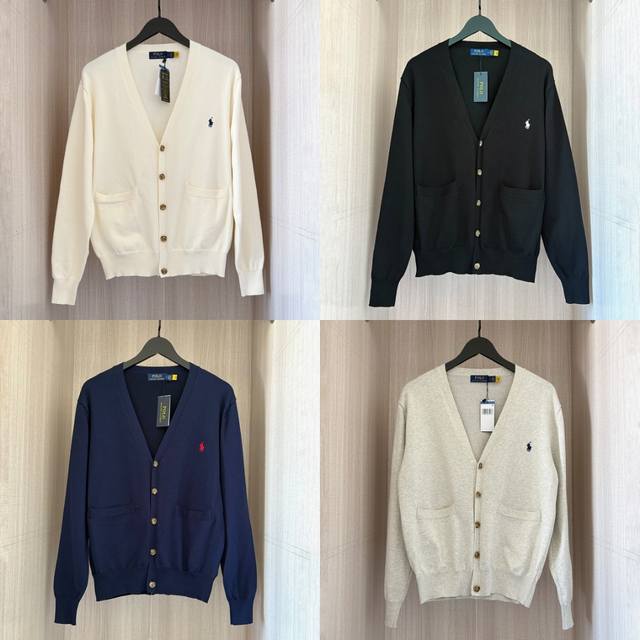 W615- Ralph Lauren Four-Color Classic Embroidered V-Neck Cardigan Long Sleeve Bu