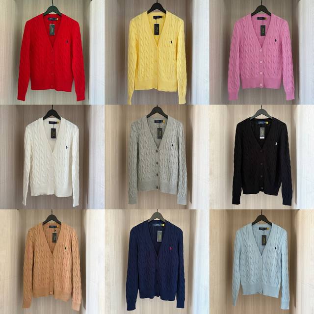 W611- Ralph Lauren 10-Color V-Neck Cardigan with Embroidered Logo, Long Sleeve,