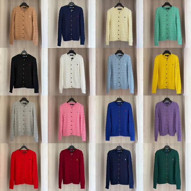 W605- Ralph Lauren 16-Color Classic Embroidered Hemp Cardigan Crew Neck Long Sle