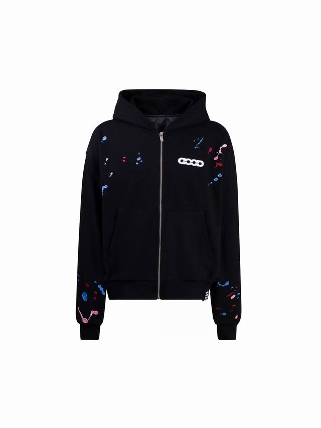 Style Number: 907, Gb-Goodbrand Candy Embroidery Splatter Paint Cardigan Hooded