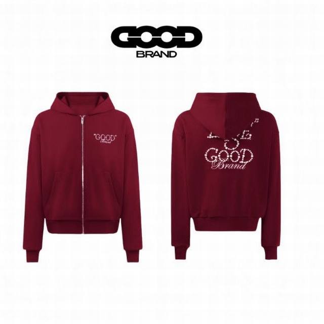 Style No.: 906. Goodbrand Pearl Slogan Loose Zip-Up Cardigan Hooded Sweatshirt,