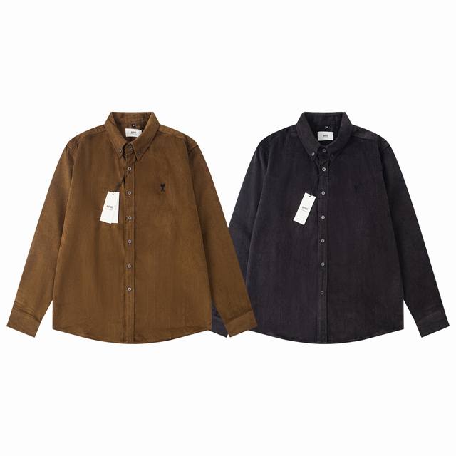 854#Ami Classic Black Heart Corduroy Shirt Straight Shoulder Fit Unisex Corduroy