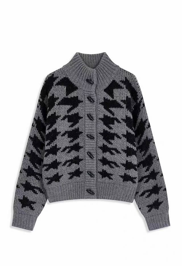 Open Yy 25Ss New Retro Houndstooth Horn Button Knit Stand Collar Sweater Cardiga