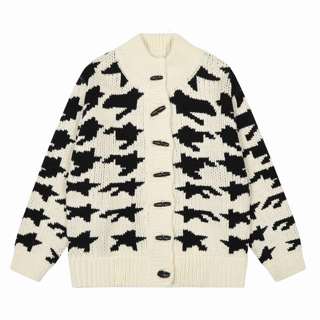 Open Yy 25Ss New Retro Houndstooth Horn Button Knit Stand Collar Sweater Cardiga