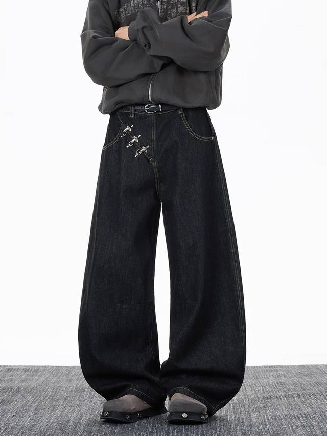 Style No. Xk3732 Cleanfit slanted fly, airplane button wide-leg jeans for men,