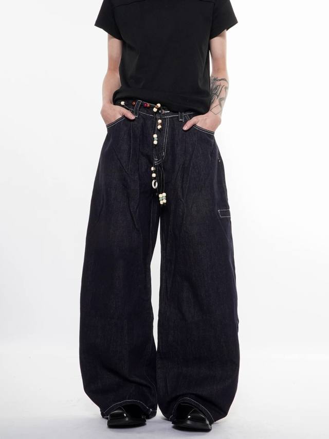 Style No. Xk3730 American Retro Wide-Leg Drawstring Curved Blade Jeans for Men