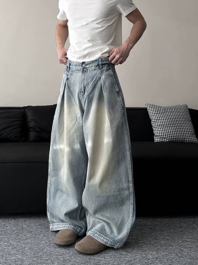 Style No. Xk3729 American retro pleated design jeans, unisex trendy loose retro