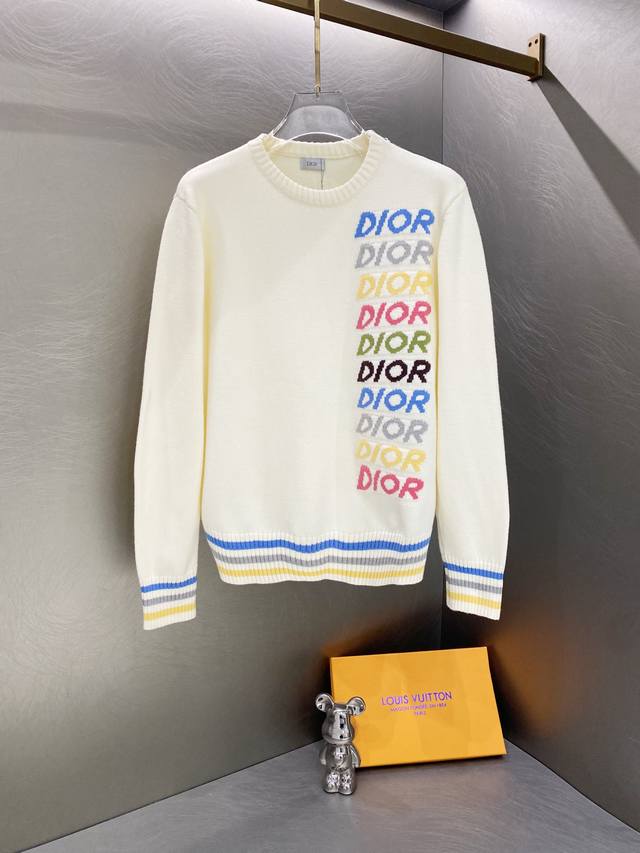 Dior Multicolor Logo Jacquard Striped Crew Neck Sweater ( ) Color: Apricot ( ) S
