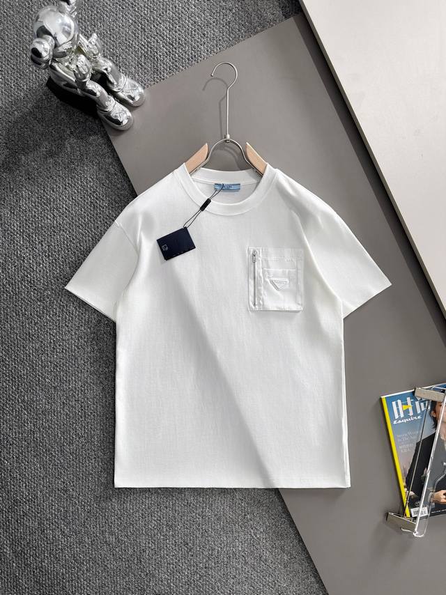 Prada 2026 New Woven Patchwork Zipper Pocket Custom Triangle Logo T-Shirt for M