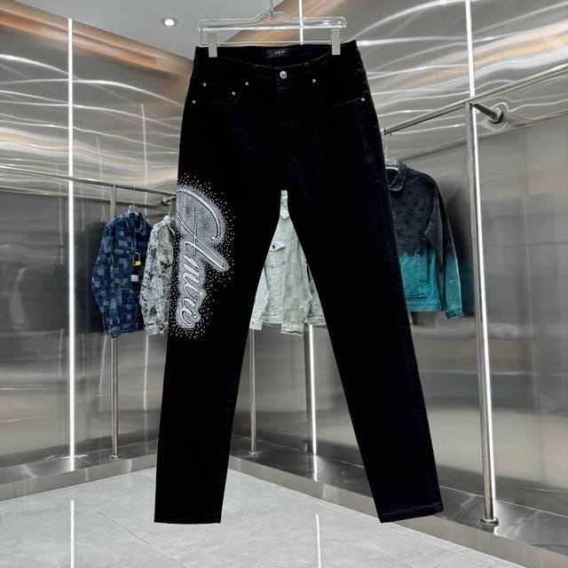 Amiri Rhine Rhinestone Lettering Street Style Slim Fit Stretch Jeans, Black, Siz