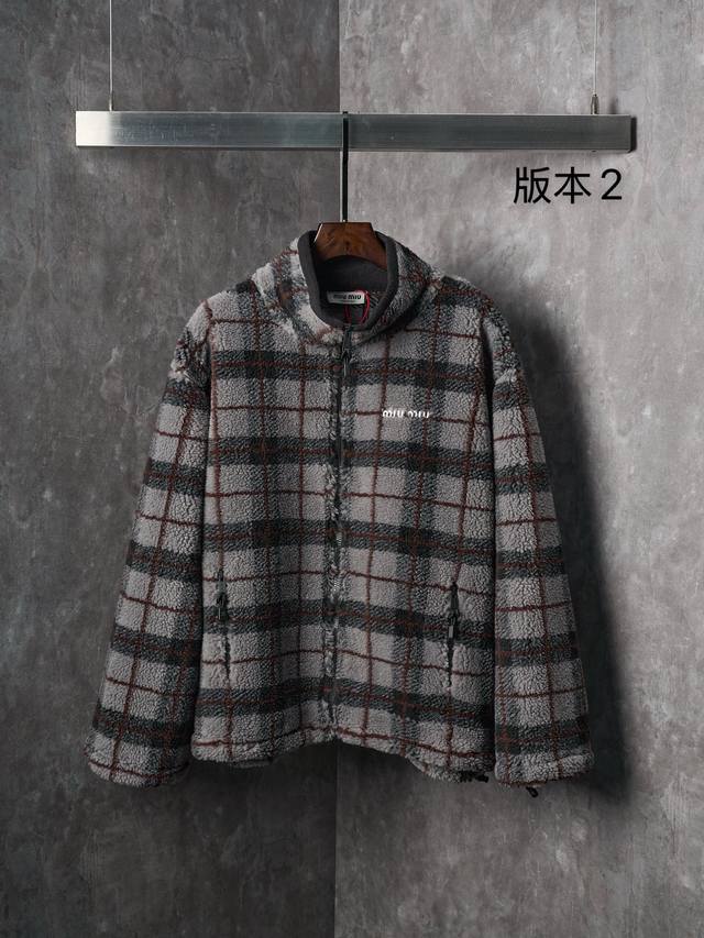 Real item hanging photo Miu Miu logo embroidered color-blocked plaid zip-up jack