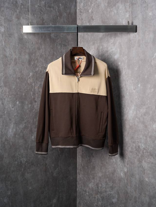 Real item hanging photo Miu Miu embroidered logo striped patchwork zip-up collar