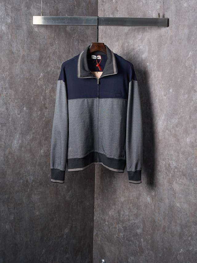 Real item hanging photo Miu Miu embroidered logo striped patchwork zip-up collar