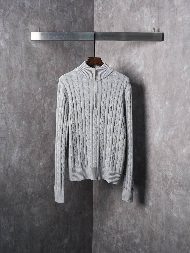 Real item hanging photo Ralph Lauren Pony Embroidered Cable Knit Zipper Sweater