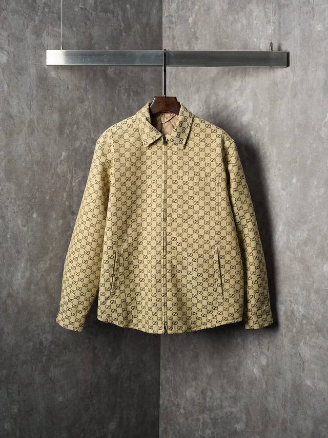Actual product hanging photo of Gucci Gg jacquard canvas zip-up collar jacket I