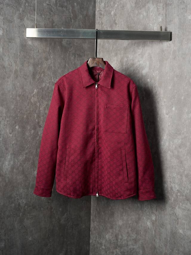 Actual product hanging photo of Gucci Gg jacquard canvas zip-up collar jacket.