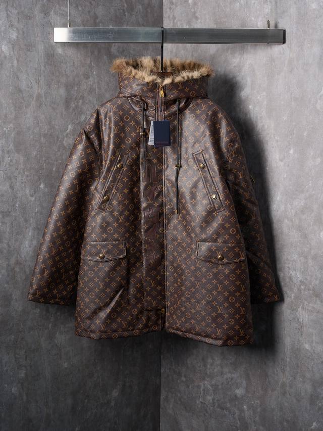 Real item hanging photo Lv Louis Vuitton all-over monogram hooded leather parka