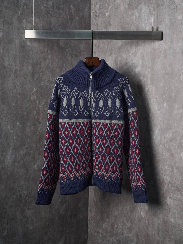 Real item hanging photo Loewe full-color geometric jacquard diamond zipper sweat