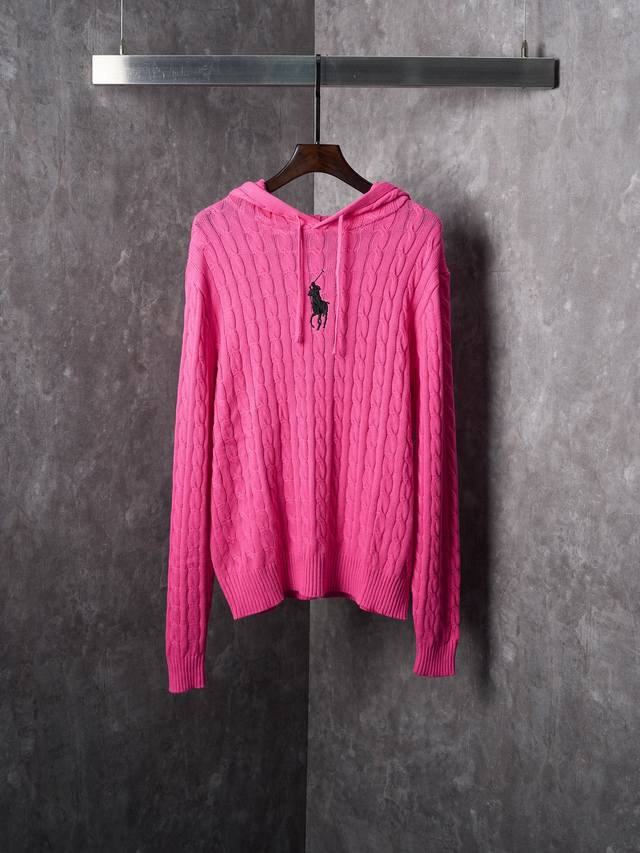 Real item hanging photo Ralph Lauren Pony Embroidered Hooded Cable Knit Sweater