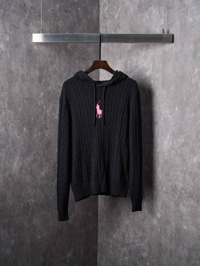 Real item hanging photo Ralph Lauren Pony Embroidered Hooded Cable Knit Sweater