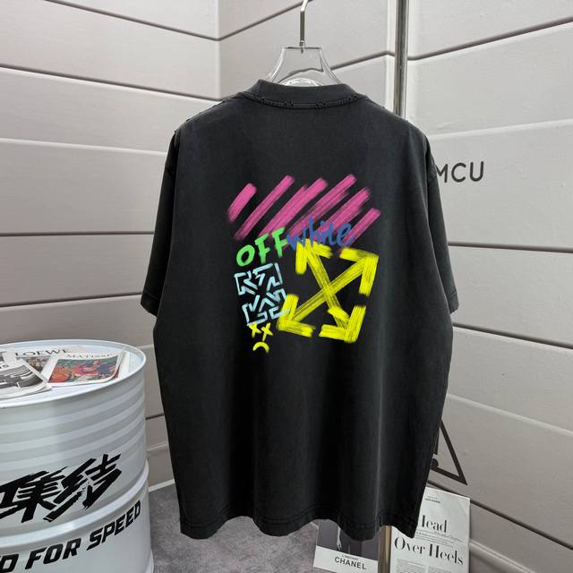 Off 2025 Autumn/Winter New Style Washed and Distressed 320g Crew Neck Short Slee