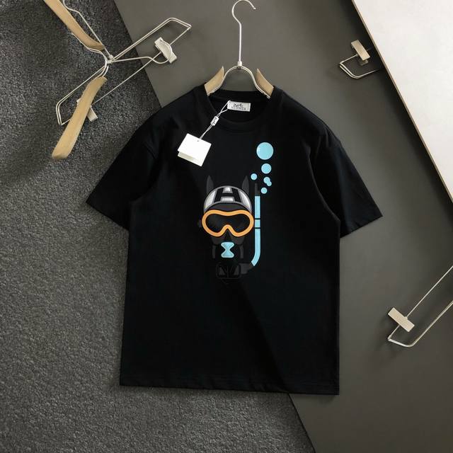 Hermes Top-quality black 3D printed cartoon diver logo crew neck short-sleeved