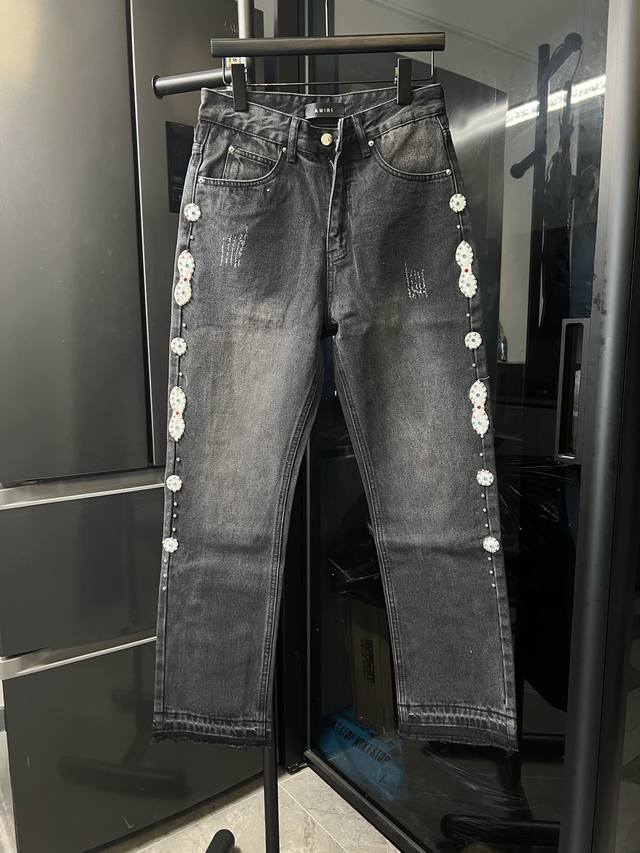 (Next Day) Amiri 25Ss High Street Jeans with Side Gemstone Rhinestones - Black