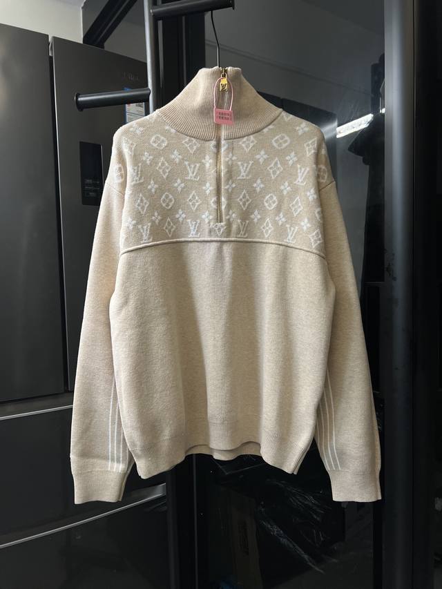 Next Day 1V Louis 26Ss New LV Wool Knit Jacquard Half Zipper Long Sleeve Khaki S