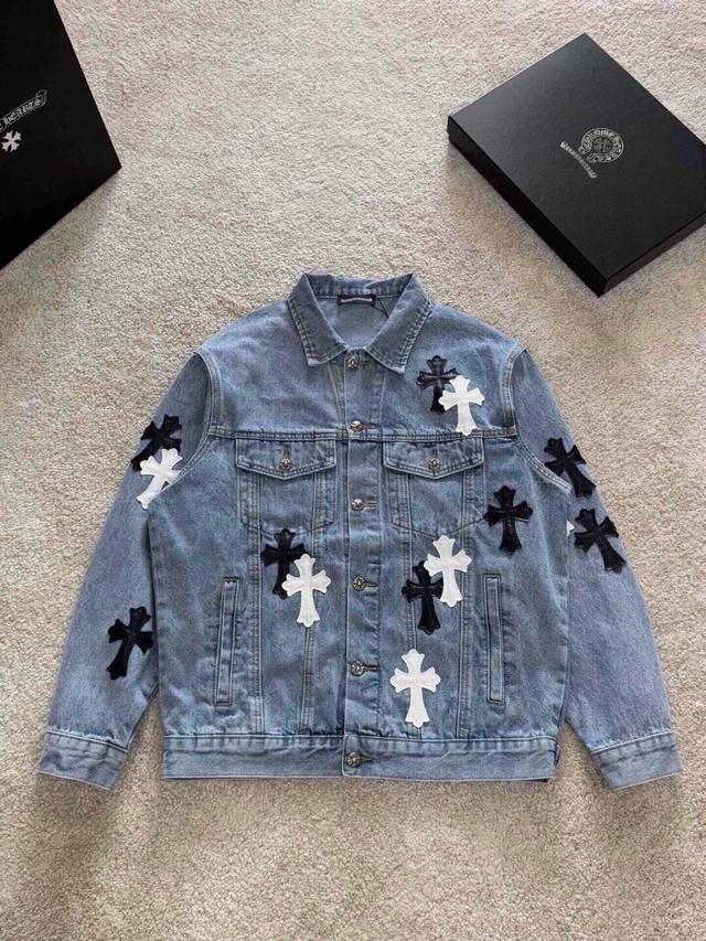 High-end custom-made pure cotton denim jacket with patchwork leather and cross